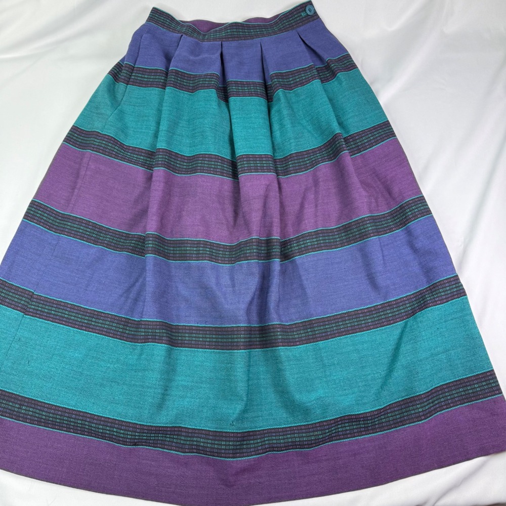 Prophecy Vintage 100% Worsted Wool Striped Midi Skirt Purple Teal Blue USA 8